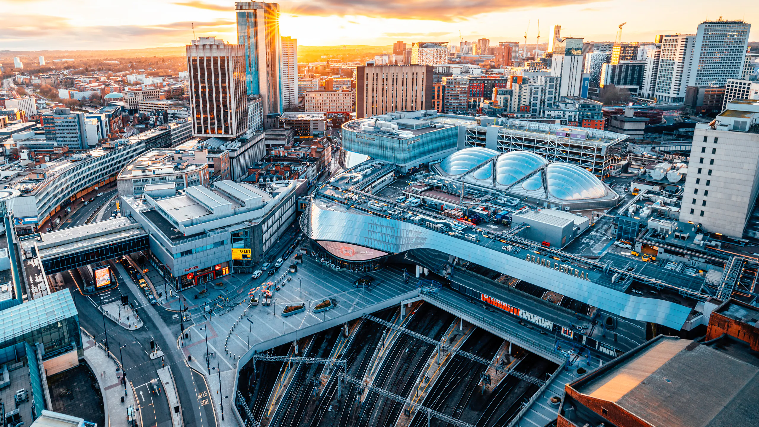 Birmingham skyline featuring Grand Central, New Street Station, and contemporary urban design.