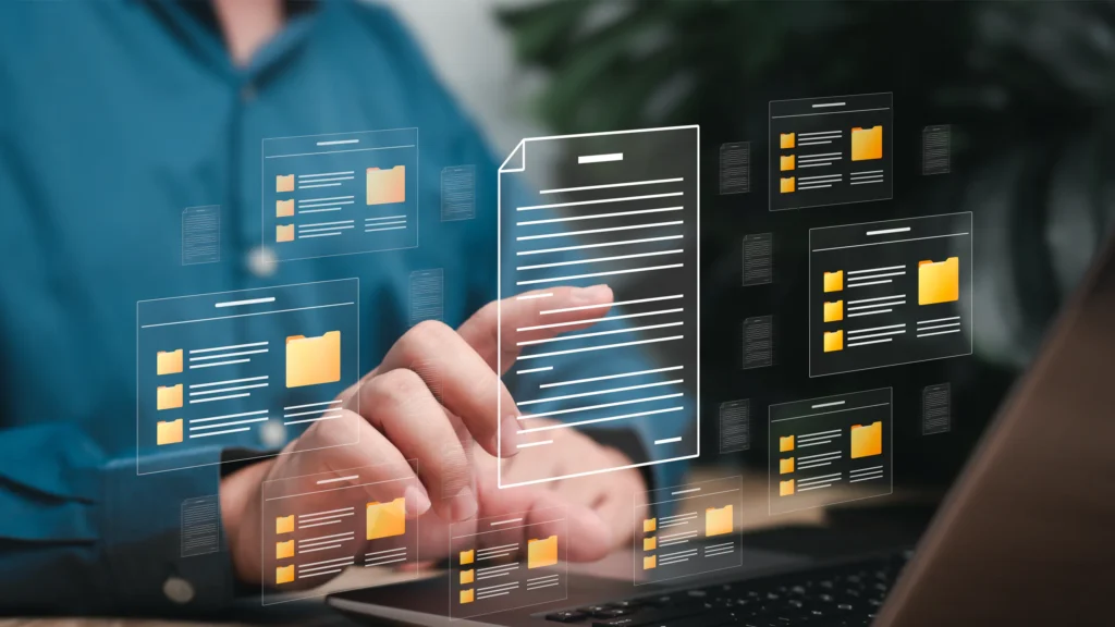 Digital document management interface showing file and folder access through a smart device.