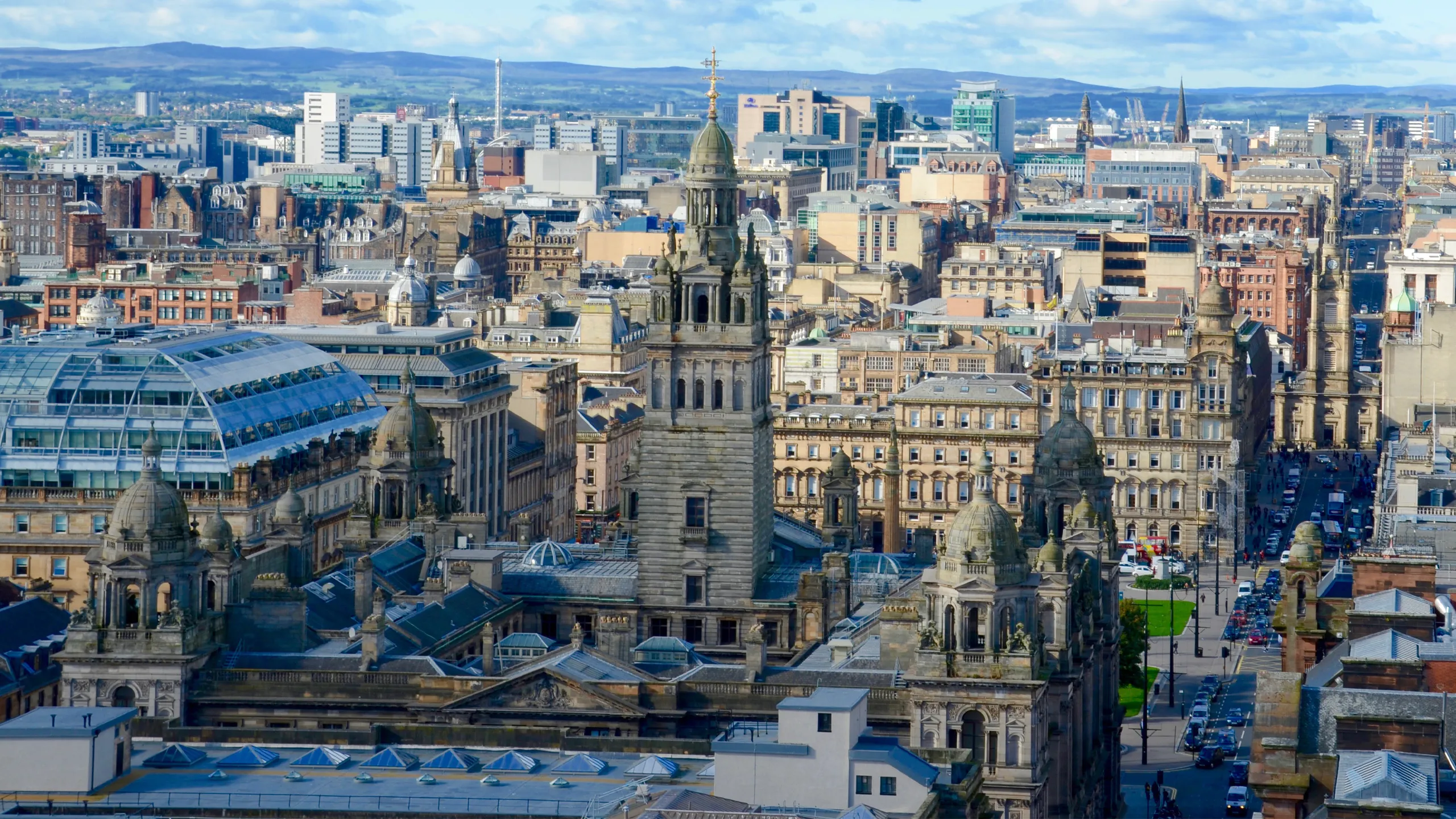 Glasgow city centre skyline showing Victorian architecture and government buildings.