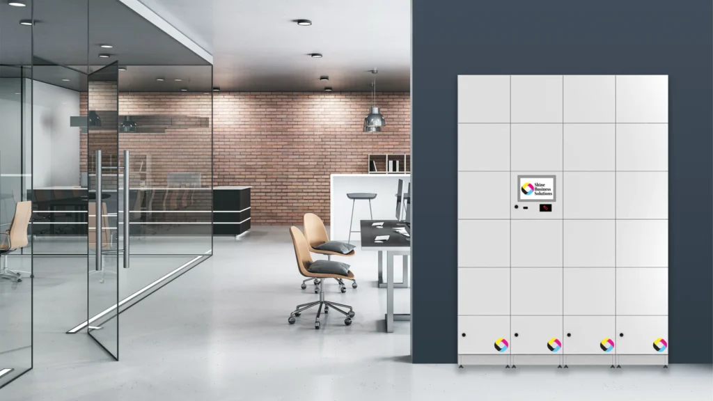 Shine Business Solutions smart locker system in a sleek corporate environment for secure item exchange.