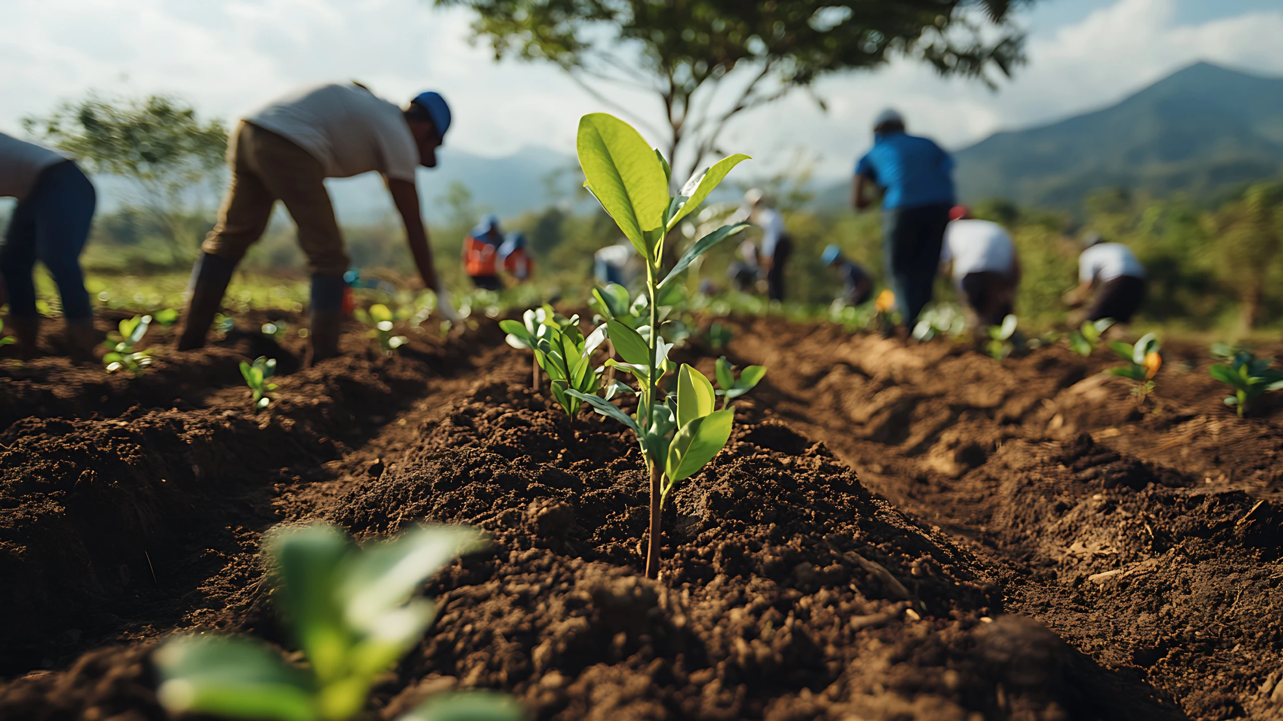 Tree planting team cultivating young saplings in a rural reforestation project.